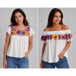 Mexican Embroidered Peasant Blouse Lot 2 Womens Est S/M sizeFloral Boho Folk Top